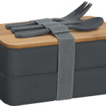 Dubbele LUNCHBOX met Bamboe Snijplank en Bestek